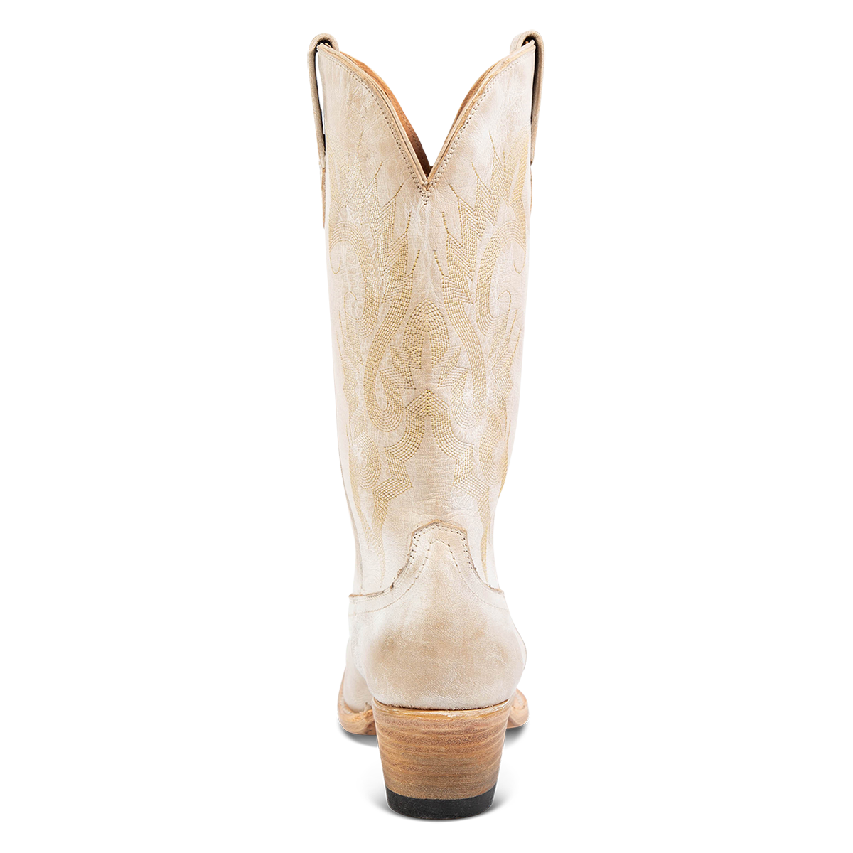 Back view showing FREEBIRD women's Woody beige leather boot with stitch detailing and low slanted heel