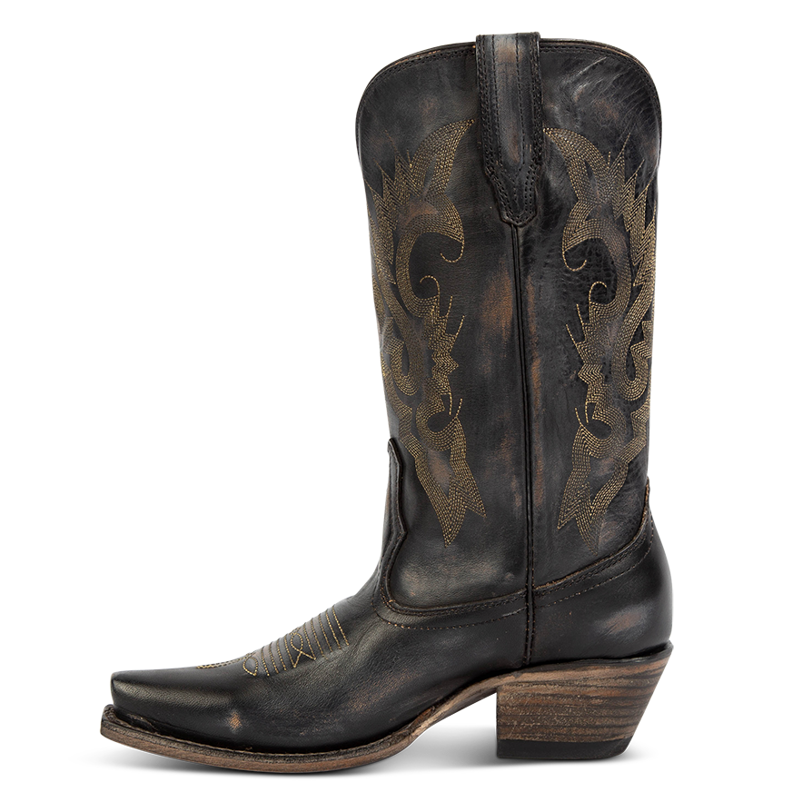Side view showing FREEBIRD women's Woody black leather boot with stitch detailing and snip toe construction