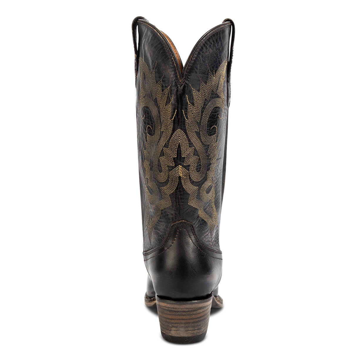 Back view showing FREEBIRD women's Woody black leather boot with stitch detailing and low slanted heel