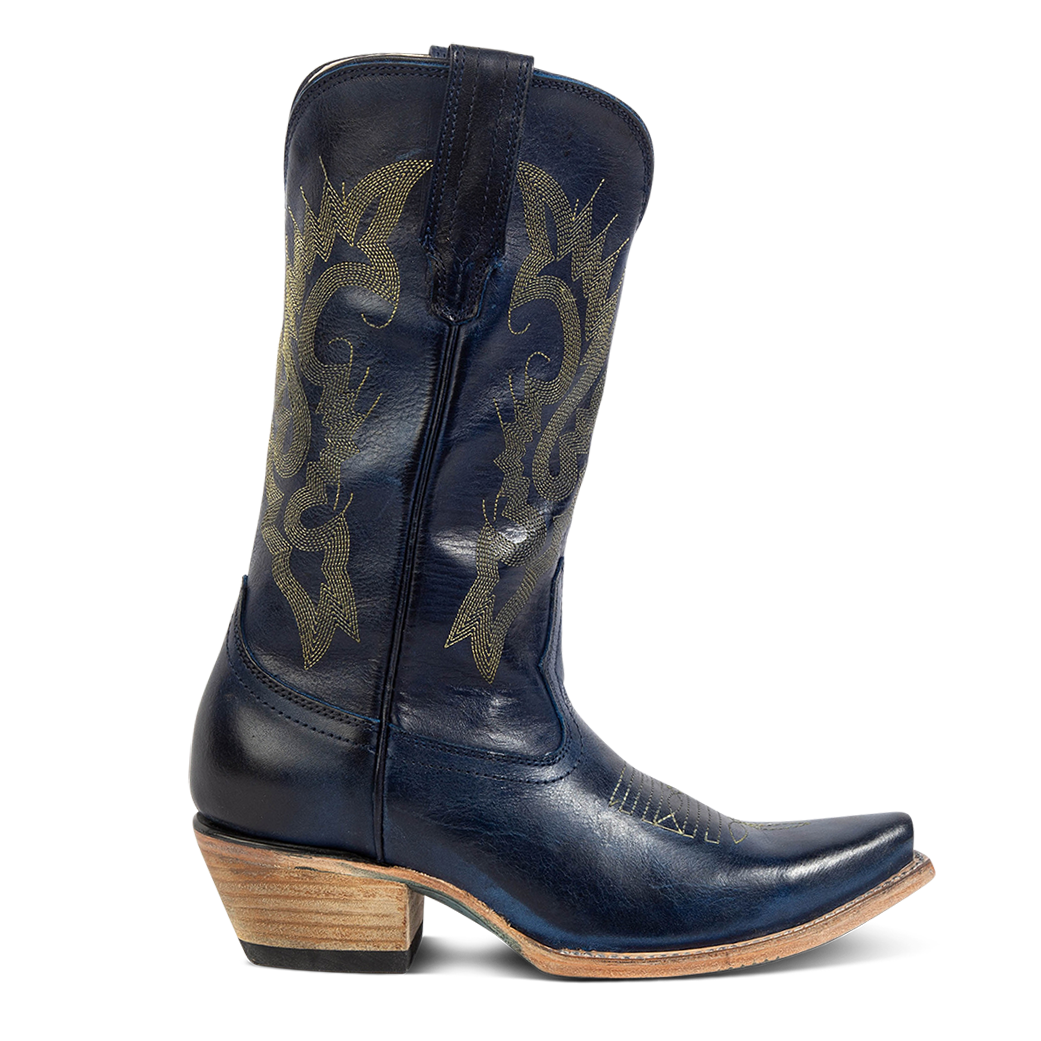 FREEBIRD women's Woody blue leather boot with stitch detailing and snip toe construction