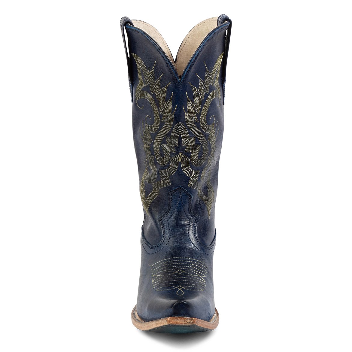Front view showing FREEBIRD women's Woody blue leather boot with stitch detailing and snip toe construction and shaft dip