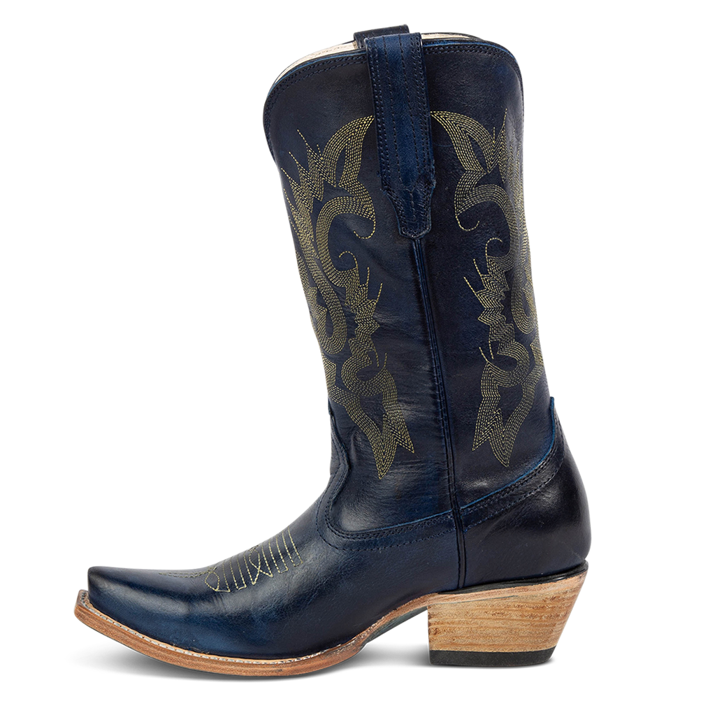 Side view showing FREEBIRD women's Woody blue leather boot with stitch detailing and snip toe construction