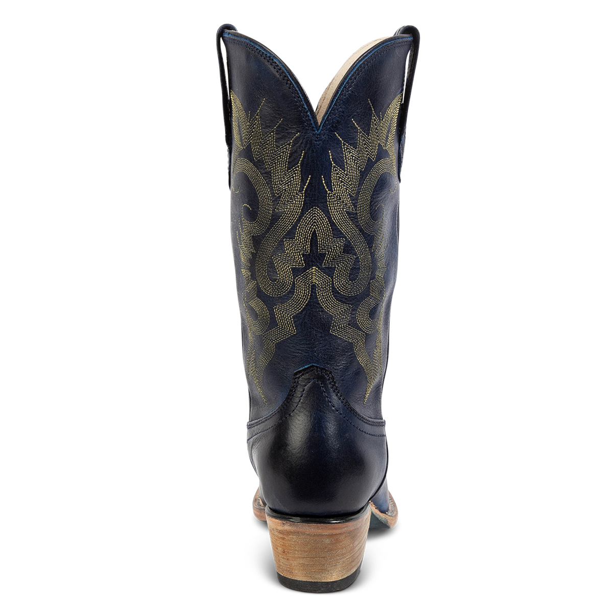 Back view showing FREEBIRD women's Woody blue leather boot with stitch detailing and low slanted heel