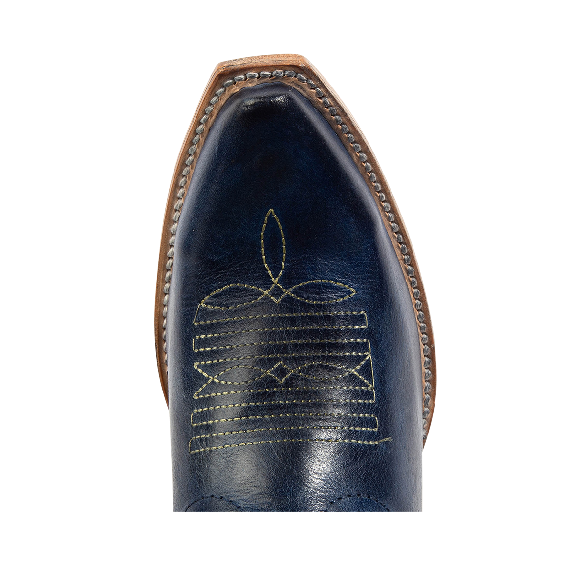 Top view showing FREEBIRD women's Woody blue leather boot with stitch detailing and snip toe construction