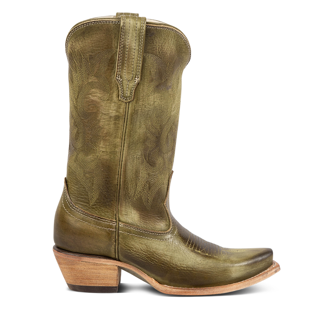 FREEBIRD women's Woody olive leather boot with stitch detailing and snip toe construction