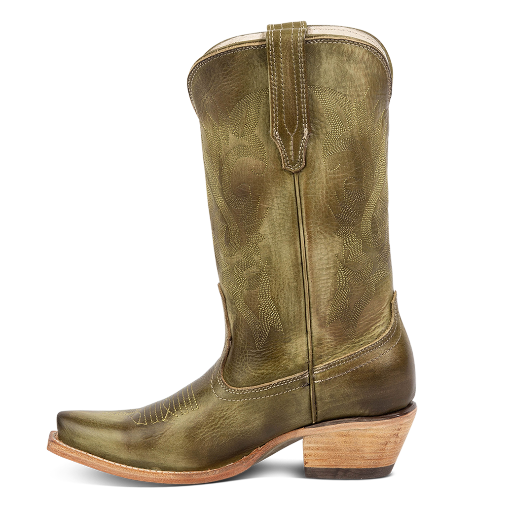 Side view showing FREEBIRD women's Woody olive leather boot with stitch detailing and snip toe construction