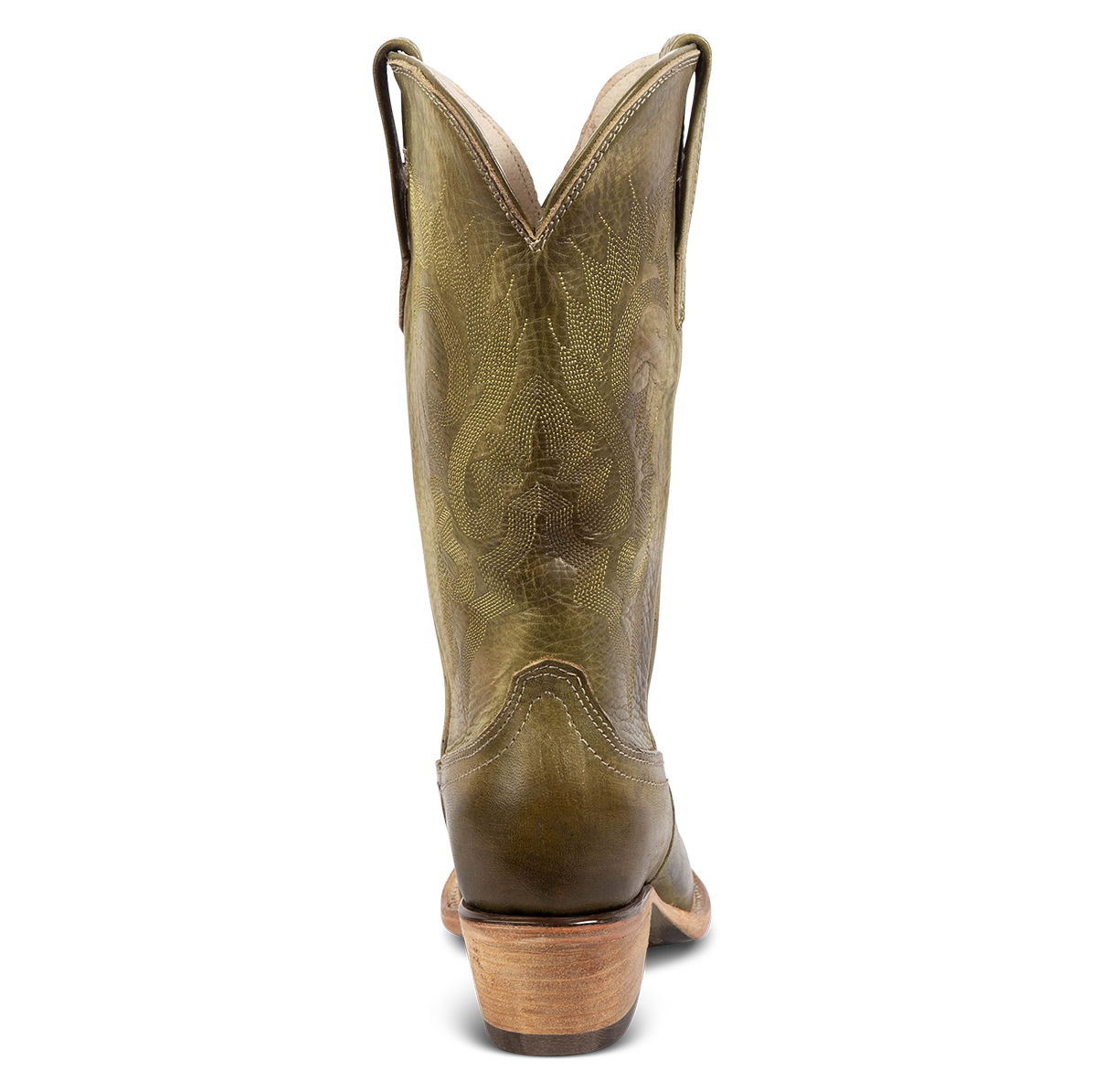Back view showing FREEBIRD women's Woody olive leather boot with stitch detailing and low slanted heel