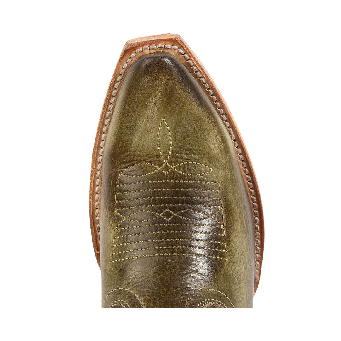 Top view showing FREEBIRD women's Woody olive leather boot with stitch detailing and snip toe construction
