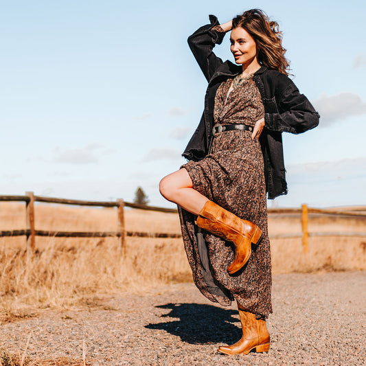 FREEBIRD women's Woody wheat leather boot with stitch detailing and snip toe construction lifestyle image