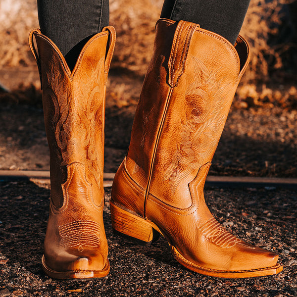 ウッドベイト　11FR WOODY Women's Western Stitch Mid-Shaft Leather Boots Wheat