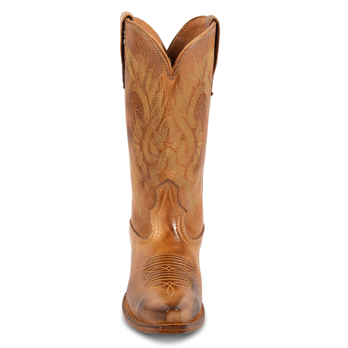 Front view showing FREEBIRD women's Woody wheat leather boot with stitch detailing and snip toe construction and shaft dip