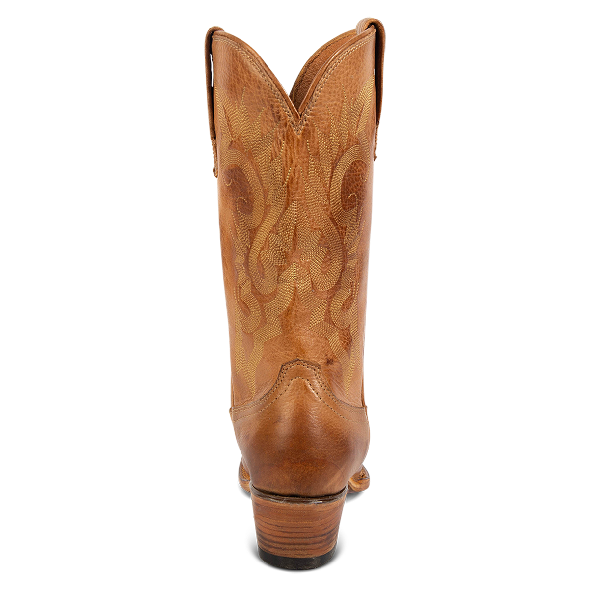 Back view showing FREEBIRD women's Woody wheat leather boot with stitch detailing and low slanted heel