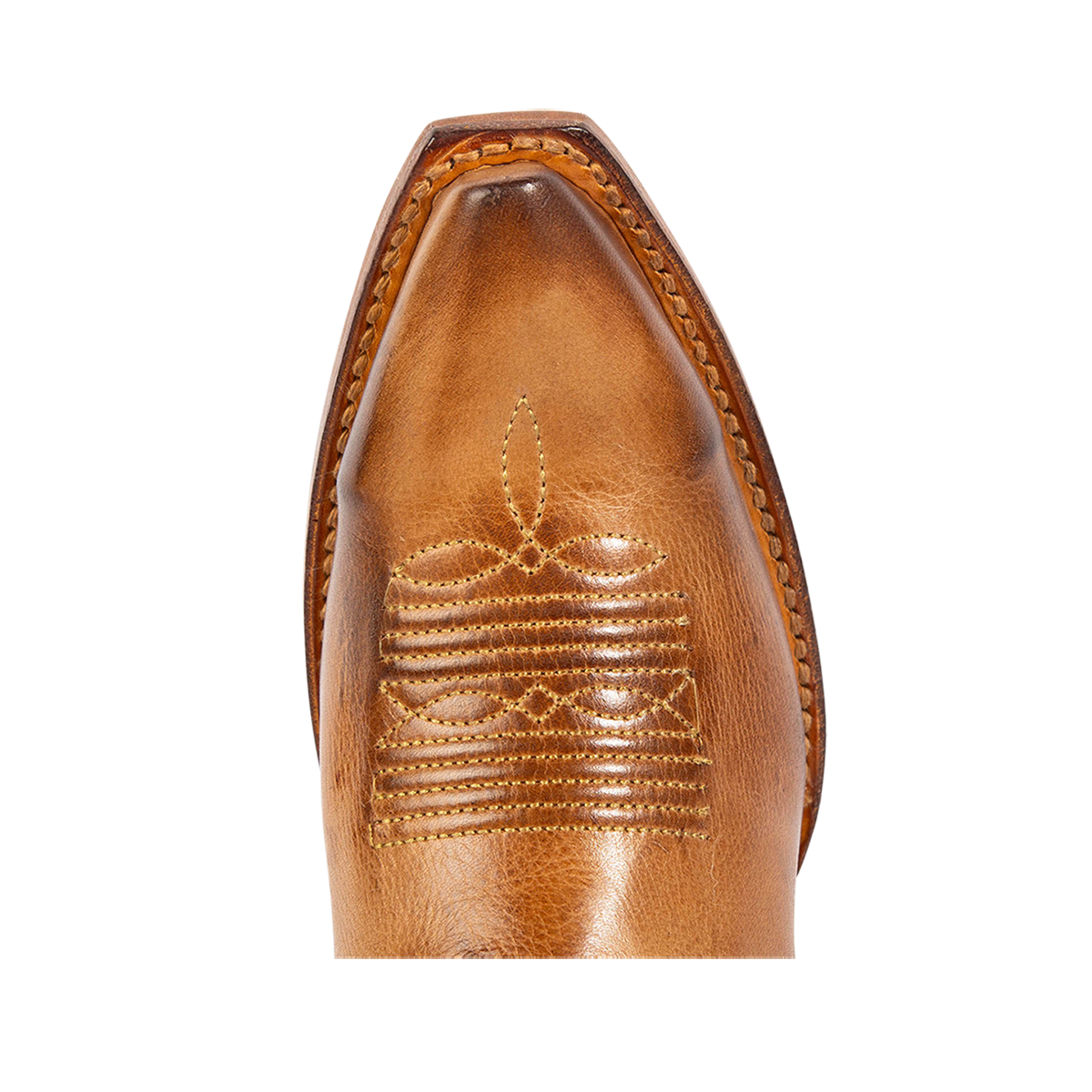 Top view showing FREEBIRD women's Woody wheat leather boot with stitch detailing and snip toe construction