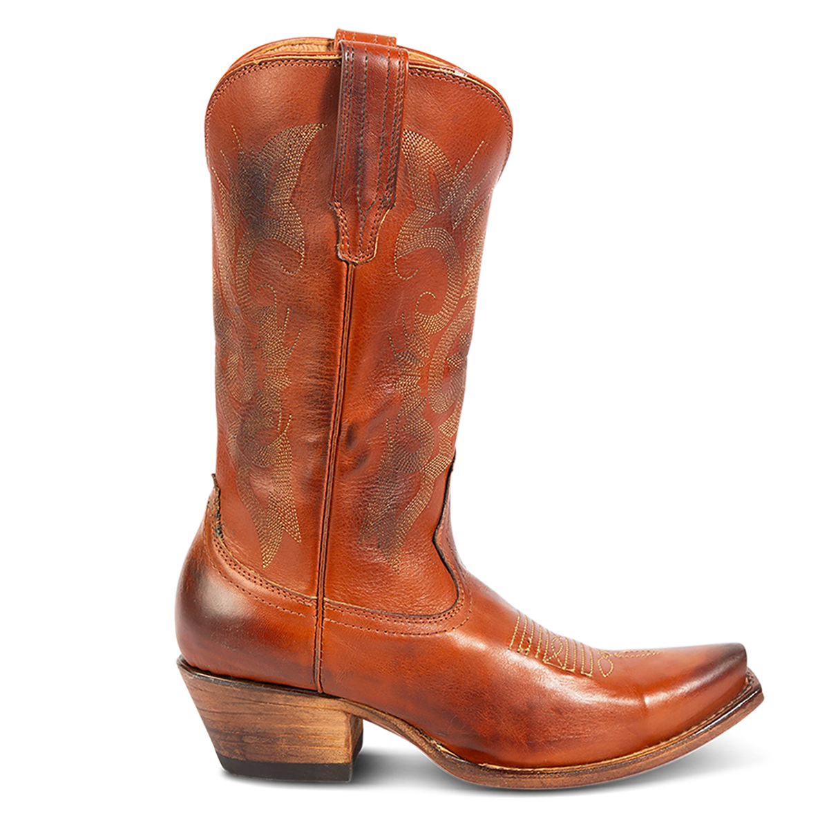 FREEBIRD women's Woody whiskey leather boot with stitch detailing and snip toe construction