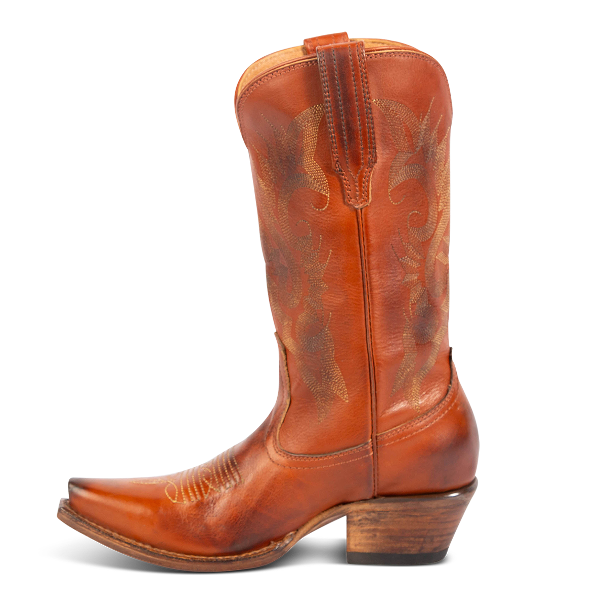 Side view showing FREEBIRD women's Woody whiskey leather boot with stitch detailing and snip toe construction