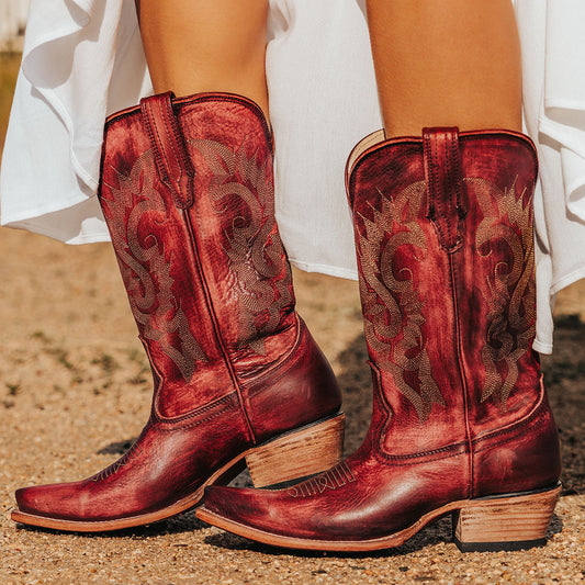 FREEBIRD women's Woody wine leather boot with stitch detailing and snip toe construction