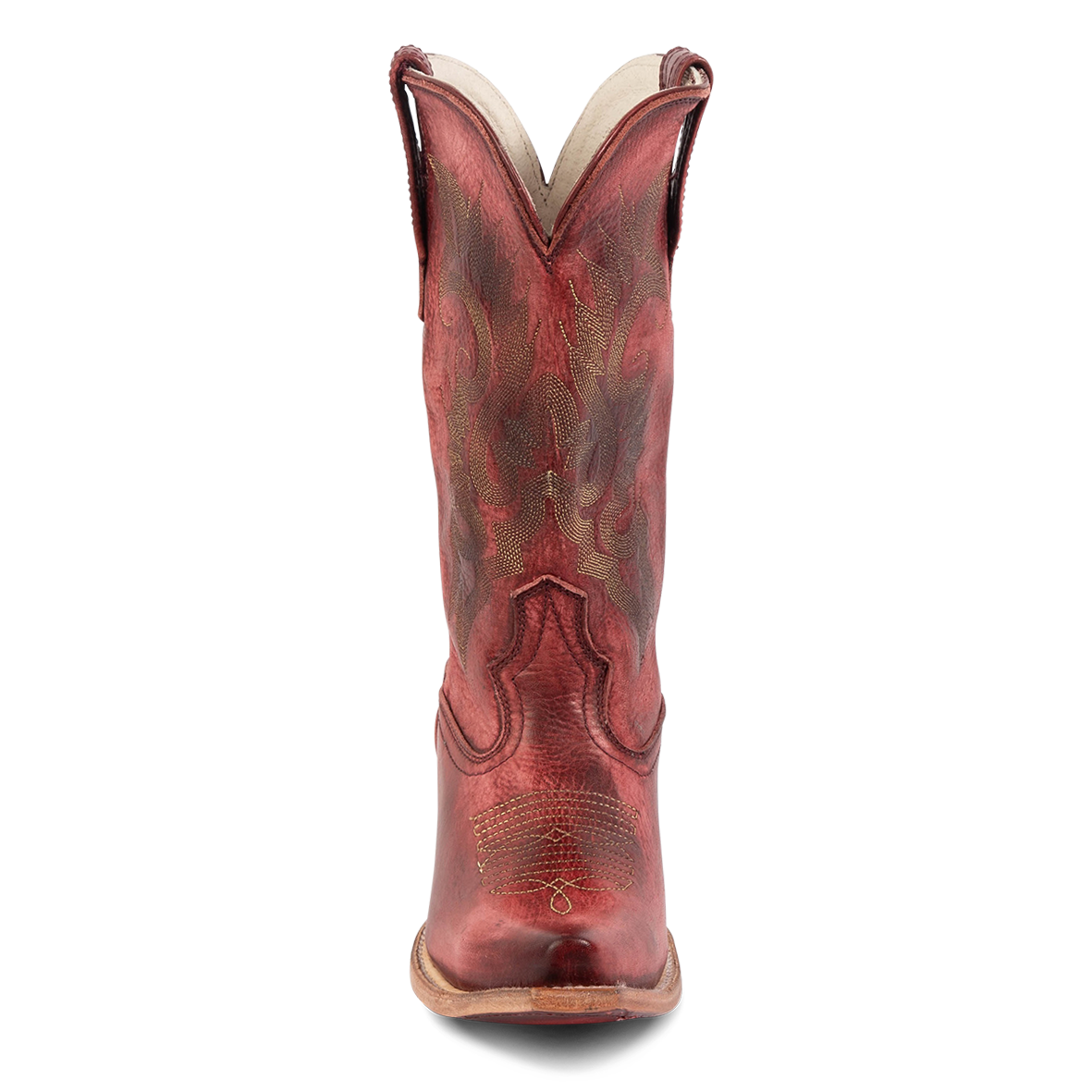 Front view showing FREEBIRD women's Woody wine leather boot with stitch detailing and snip toe construction and shaft dip