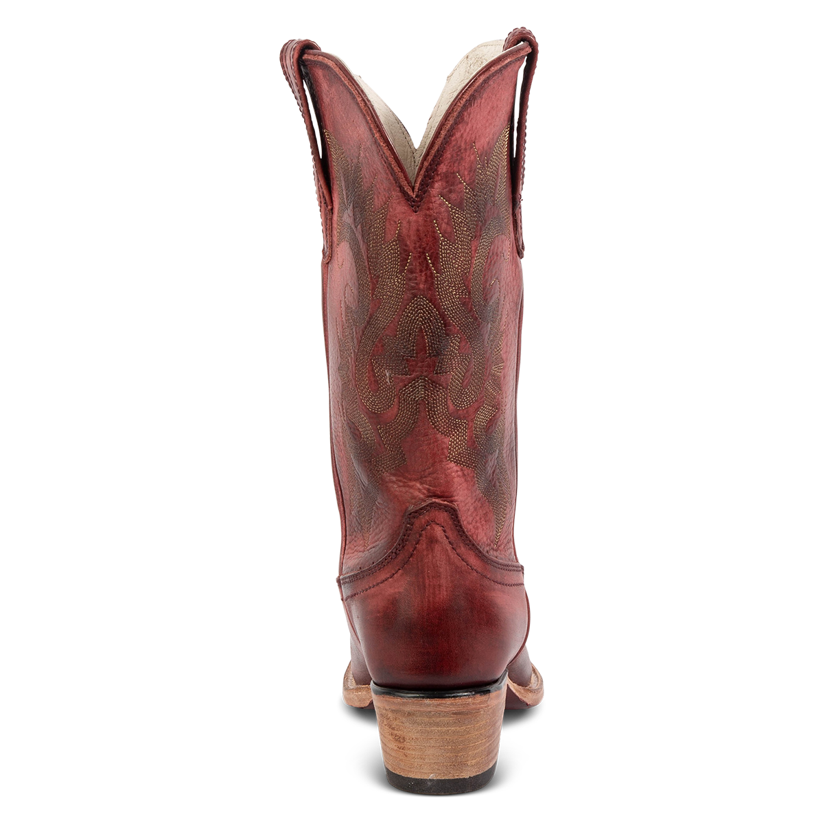 Back view showing FREEBIRD women's Woody wine leather boot with stitch detailing and low slanted heel