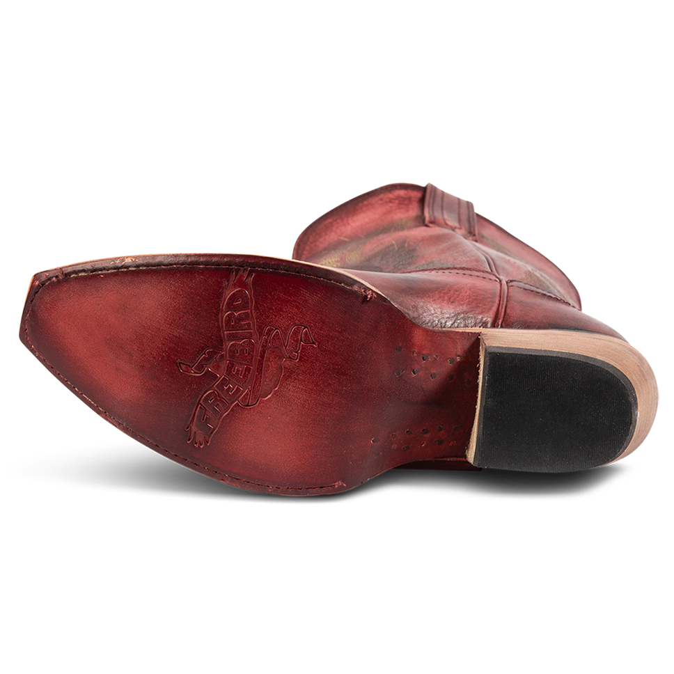 Leather sole imprinted with FREEBIRD on women's Woody wine leather boot