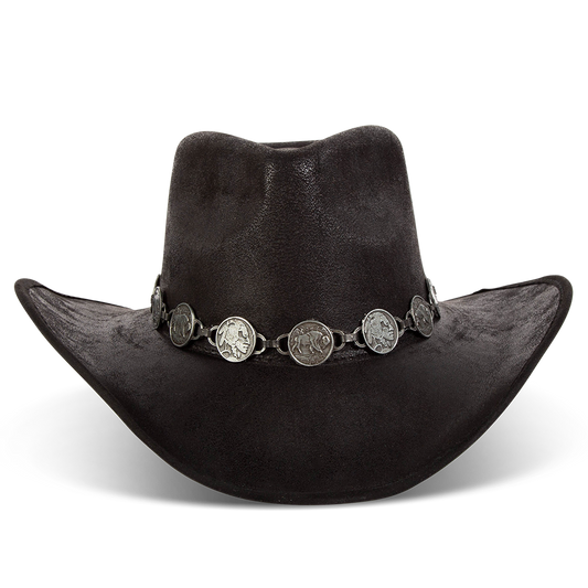 FREEBIRD Wyatt black distressed faux suede hat with a pinched crown, curved brim and engraved coin belt l