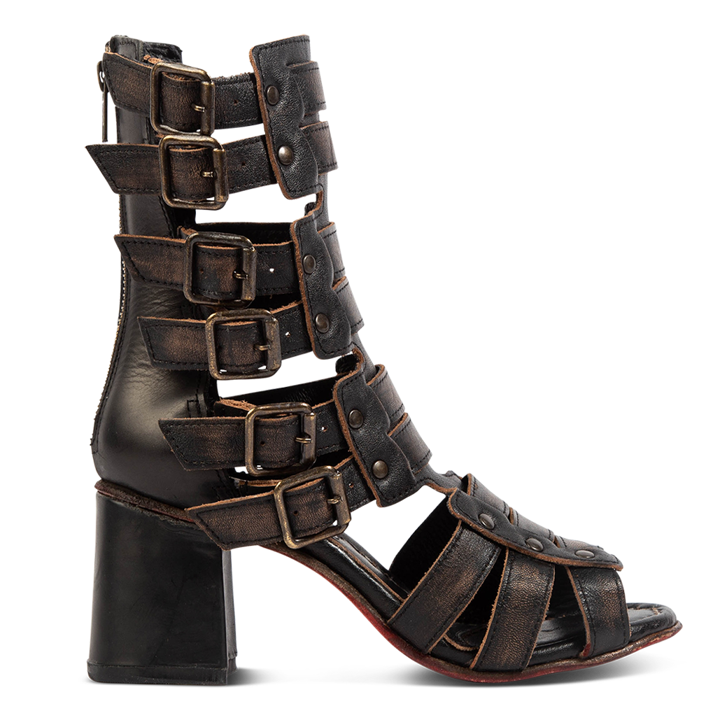 FREEBIRD women's Zeus Black a strappy heeled sandal featuring adjustable buckles, leather, and stud detailing