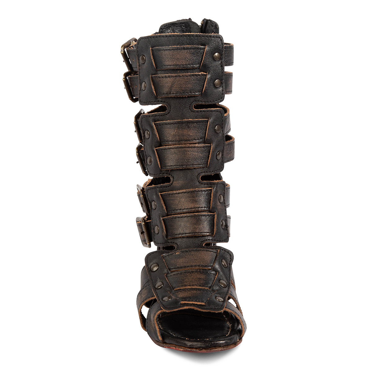 Front view showing FREEBIRD leather detailing front and stud detailing on women's Zeus Black heeled sandal