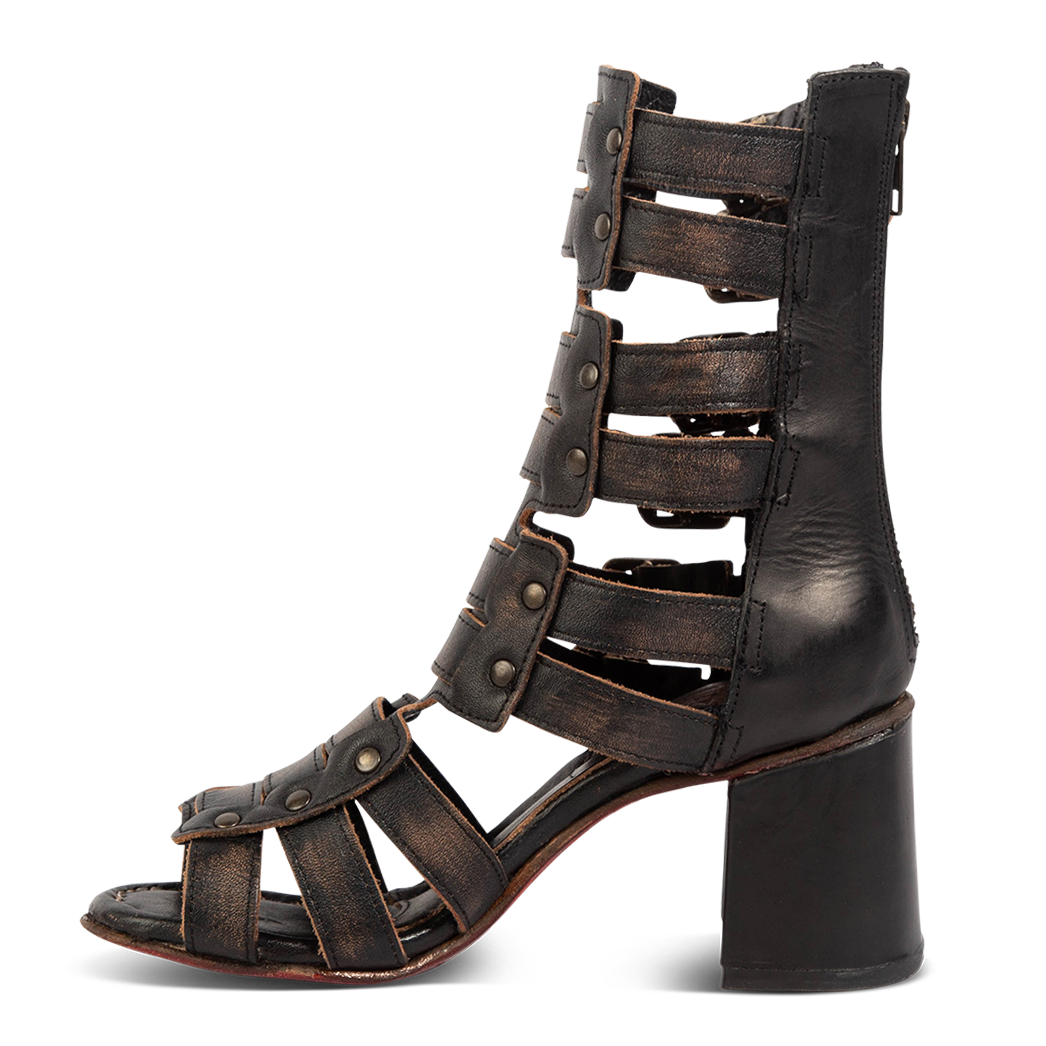 Inside view showing leather and stud detailing FREEBIRD on women's Zeus Black heeled sandal