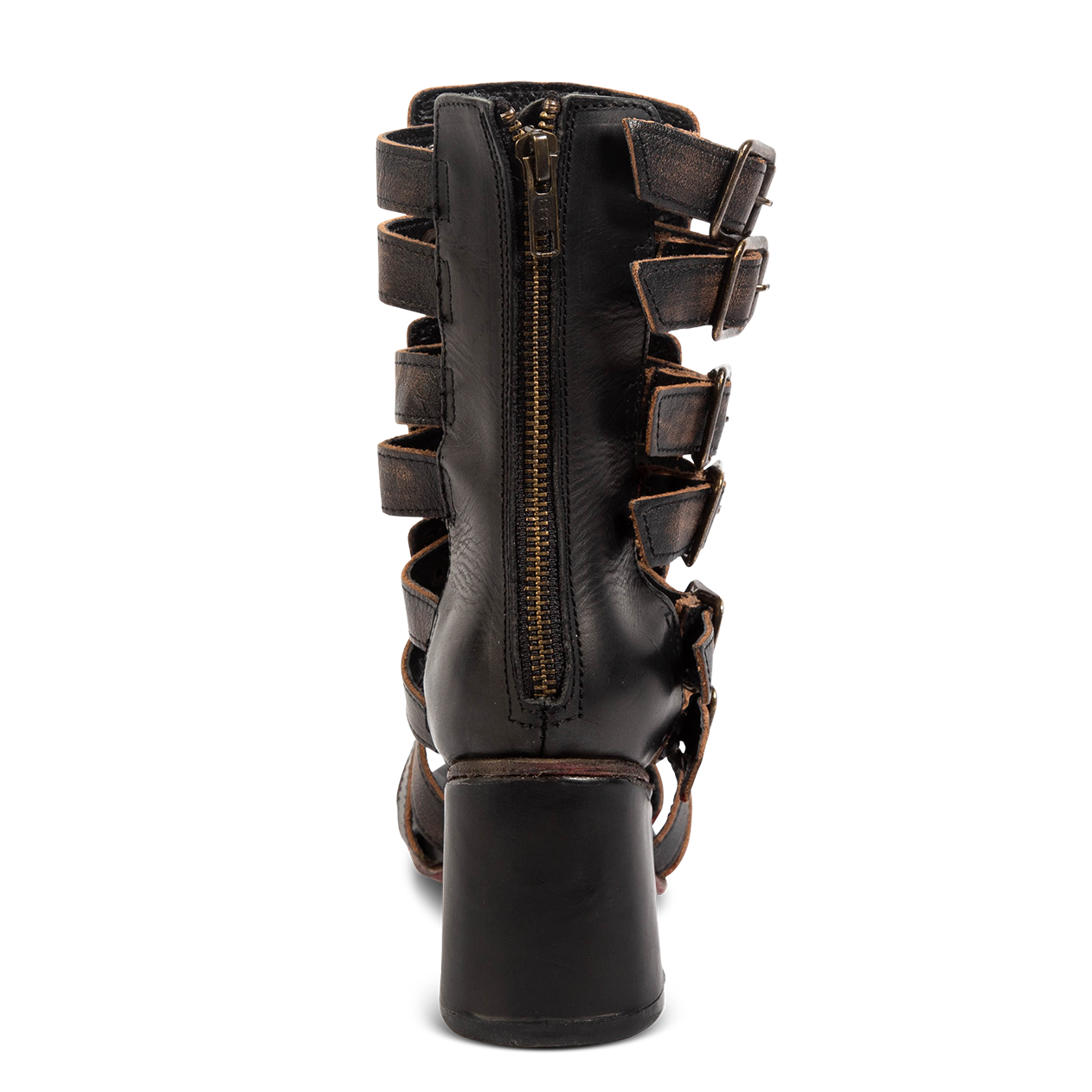 Back view showing back zip closure FREEBIRD on women's Zeus Black heeled sandal