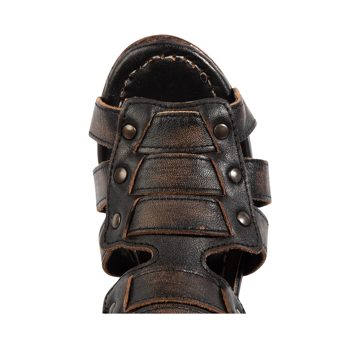 Top view showing leather and stud detailing FREEBIRD women's Zeus Black heeled sandal