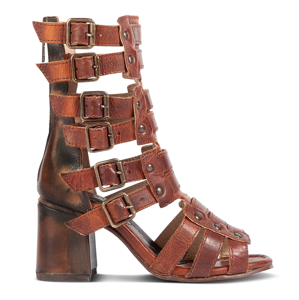 FREEBIRD women's Zeus Cognac Multi a strappy heeled sandal featuring adjustable buckles, leather, and stud detailing