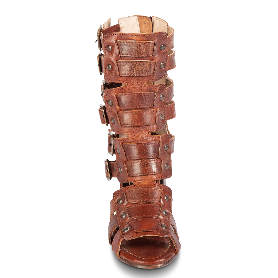 Front view showing FREEBIRD leather detailing front and stud detailing on women's Zeus Cognac Multi heeled sandal