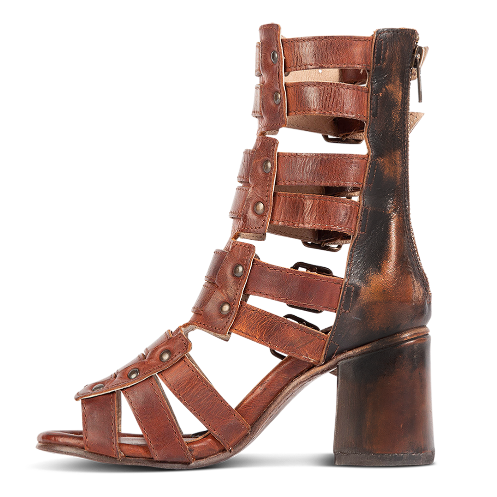 Inside view showing leather and stud detailing FREEBIRD on women's Zeus Cognac Multi heeled sandal