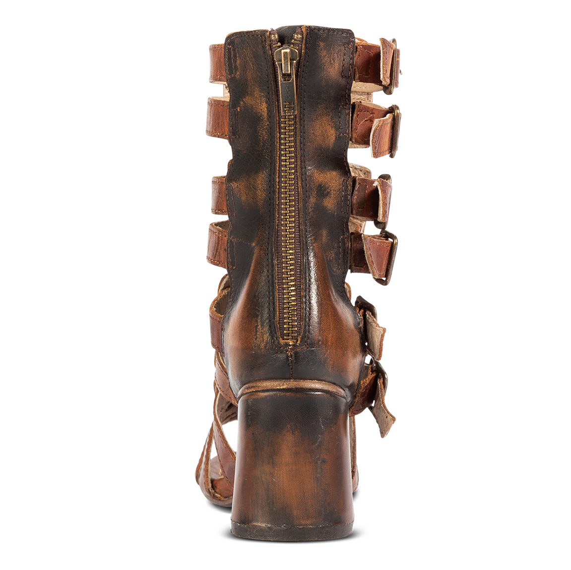 Back view showing back zip closure FREEBIRD on women's Zeus Cognac Multi heeled sandal