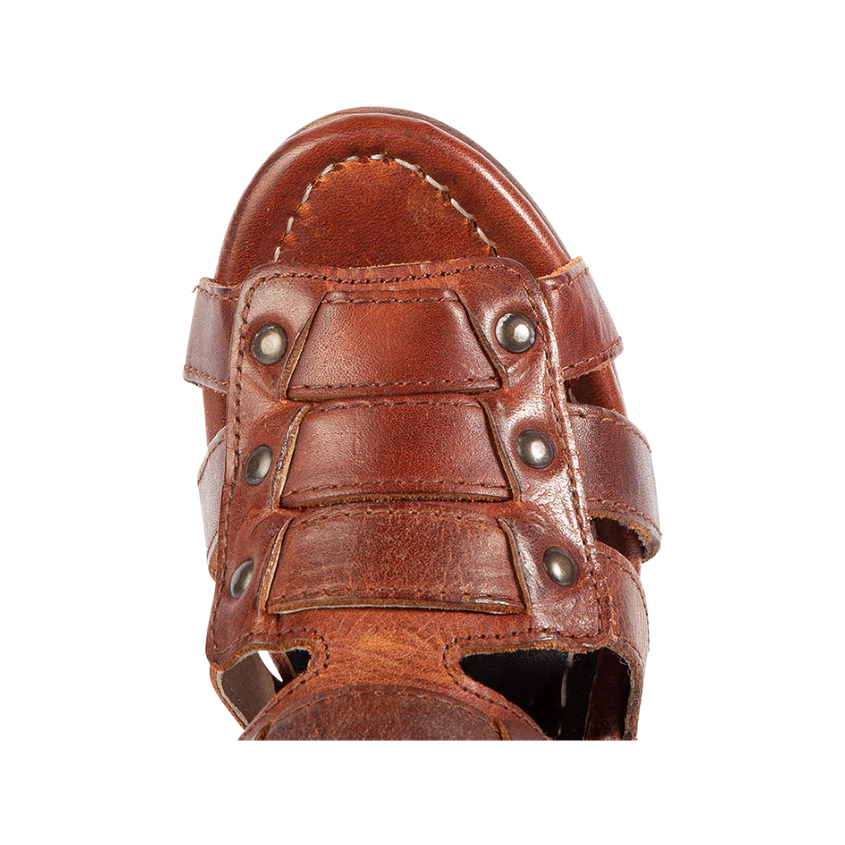 Top view showing leather and stud detailing FREEBIRD women's Zeus Cognac Multi heeled sandal