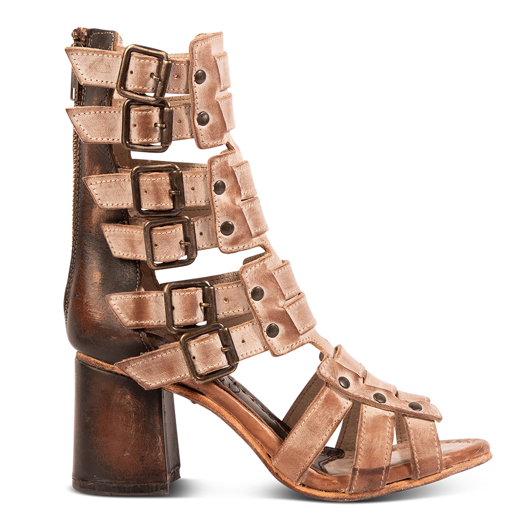 FREEBIRD women's Zeus Taupe Multi a strappy heeled sandal featuring adjustable buckles, leather, and stud detailing 