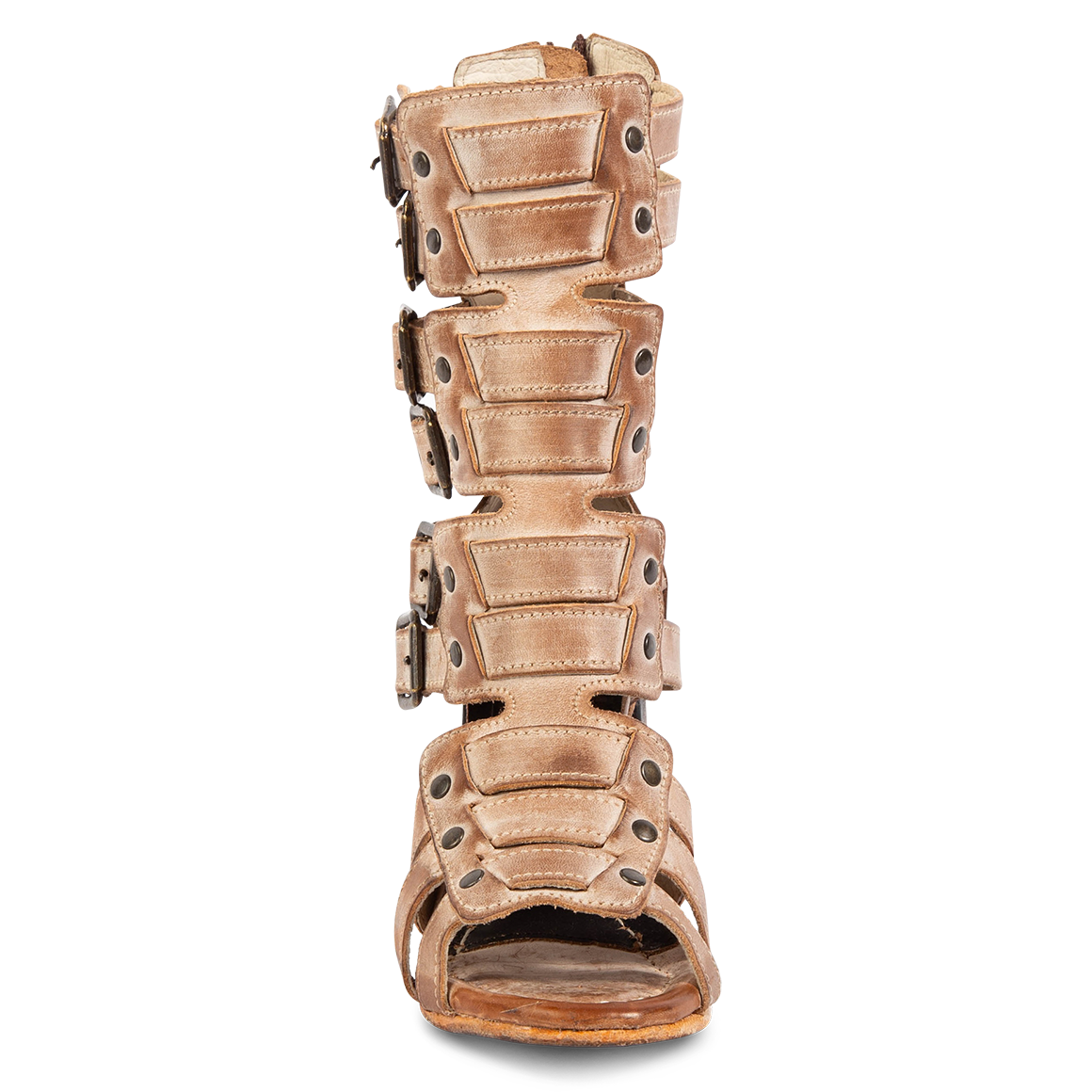 Front view showing FREEBIRD leather detailing front and stud detailing on women's Zeus Taupe Multi heeled sandal