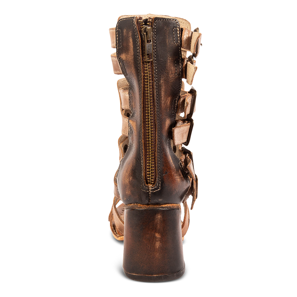 Back view showing back zip closure FREEBIRD on women's Zeus Taupe Multi heeled sandal