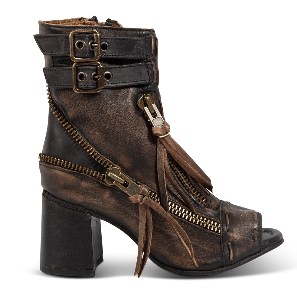 FREEBIRD women's Zombi black sandal with zip and buckle leather detailing and stacked heel