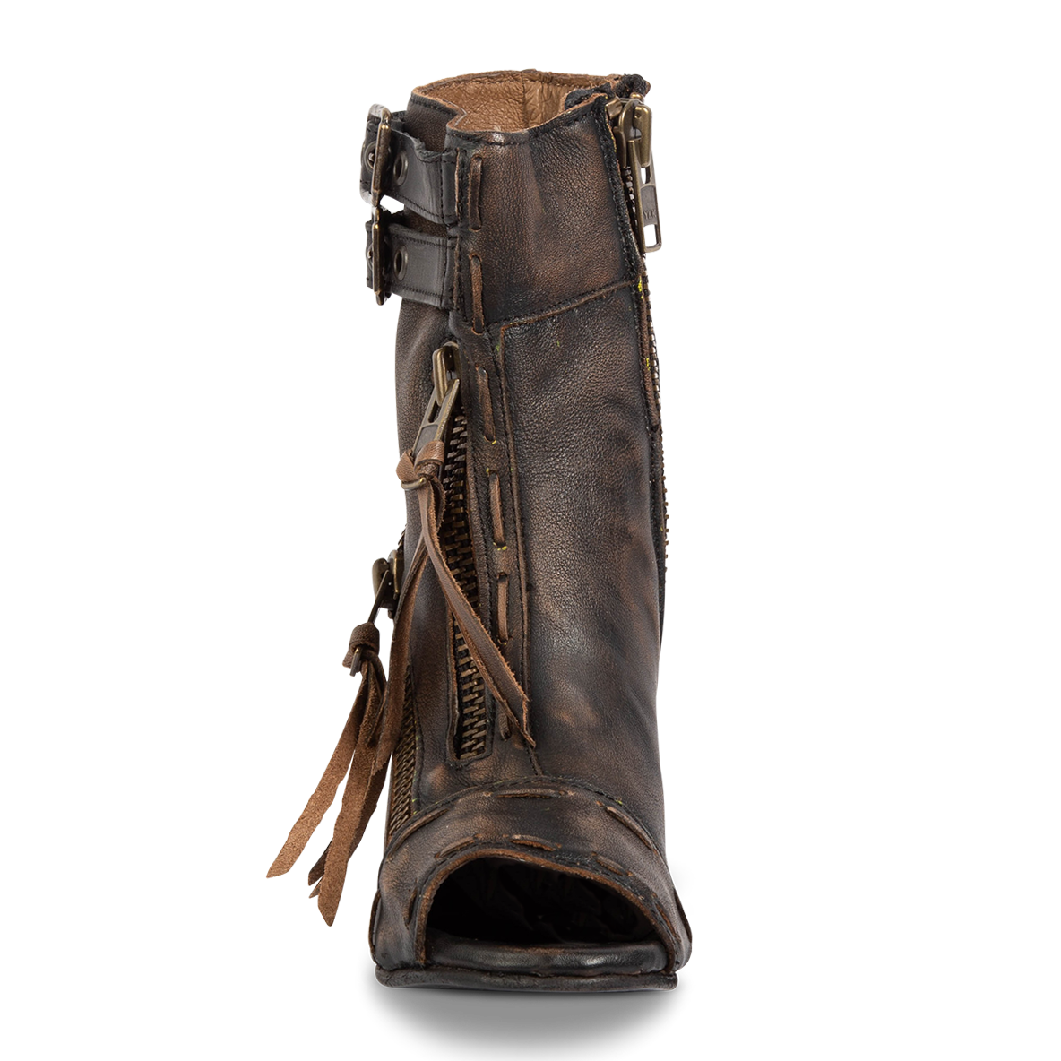 Front view showing zip detailing on FREEBIRD women's Zombi black sandal