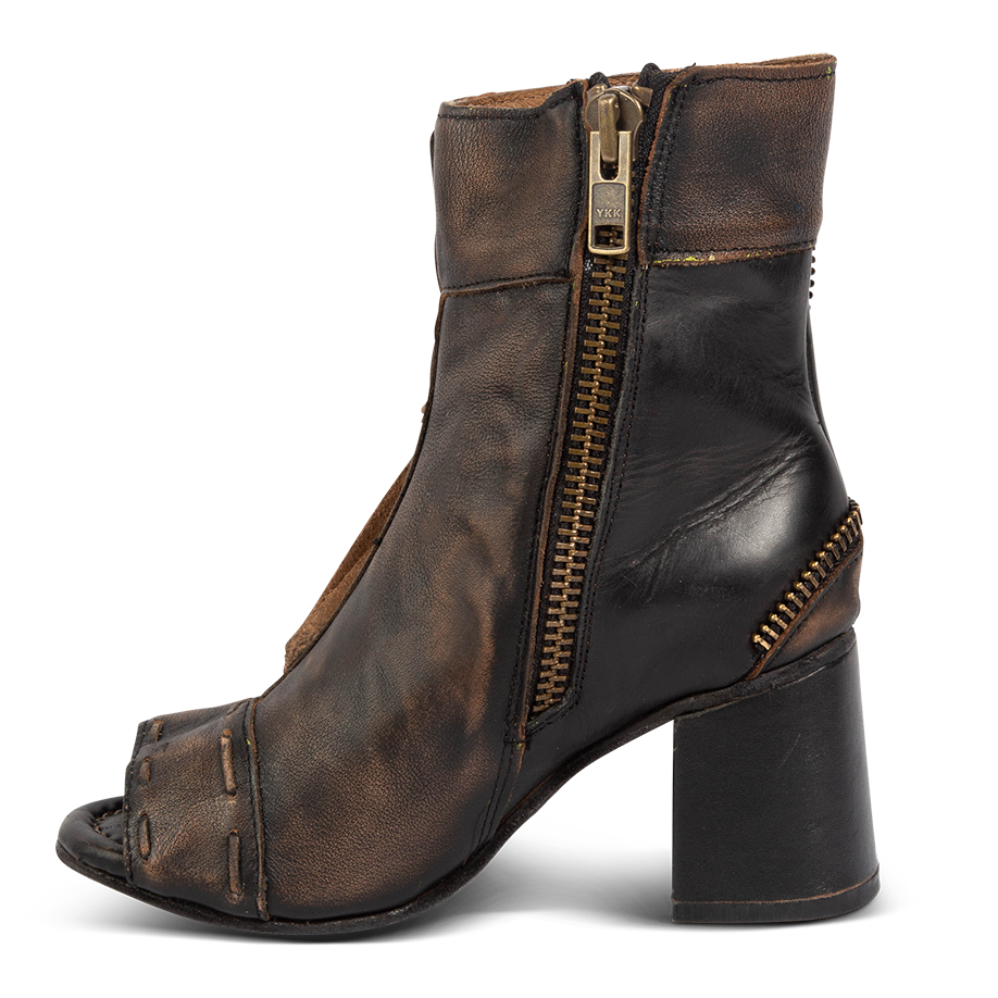 Inside view showing working brass zip closure and stacked heel on FREEBIRD women's Zombi black sandal 