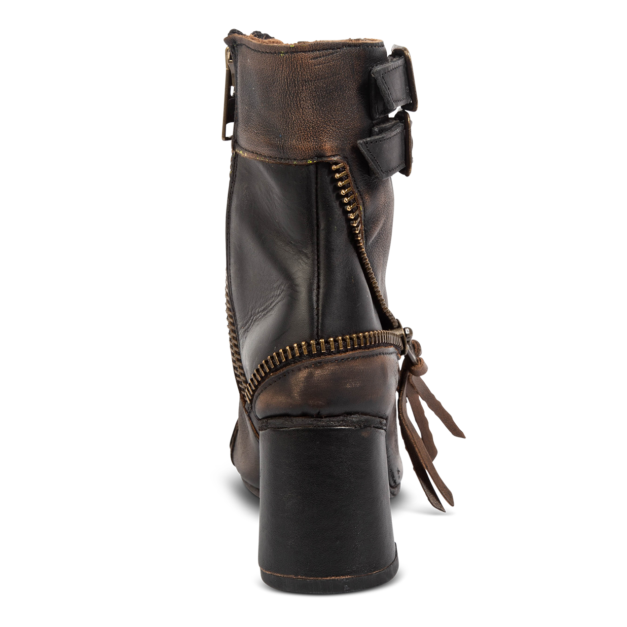 Back view showing brass zip detailing on FREEBIRD women's Zombi black sandal