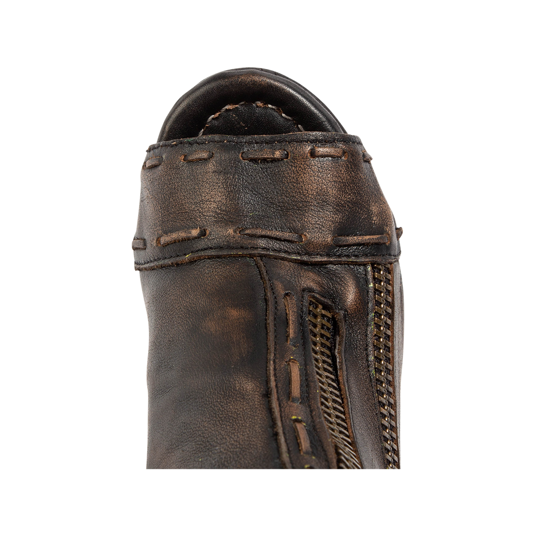 Top view showing peep toe with leather stitch detailing on FREEBIRD women's Zombi black sandal 