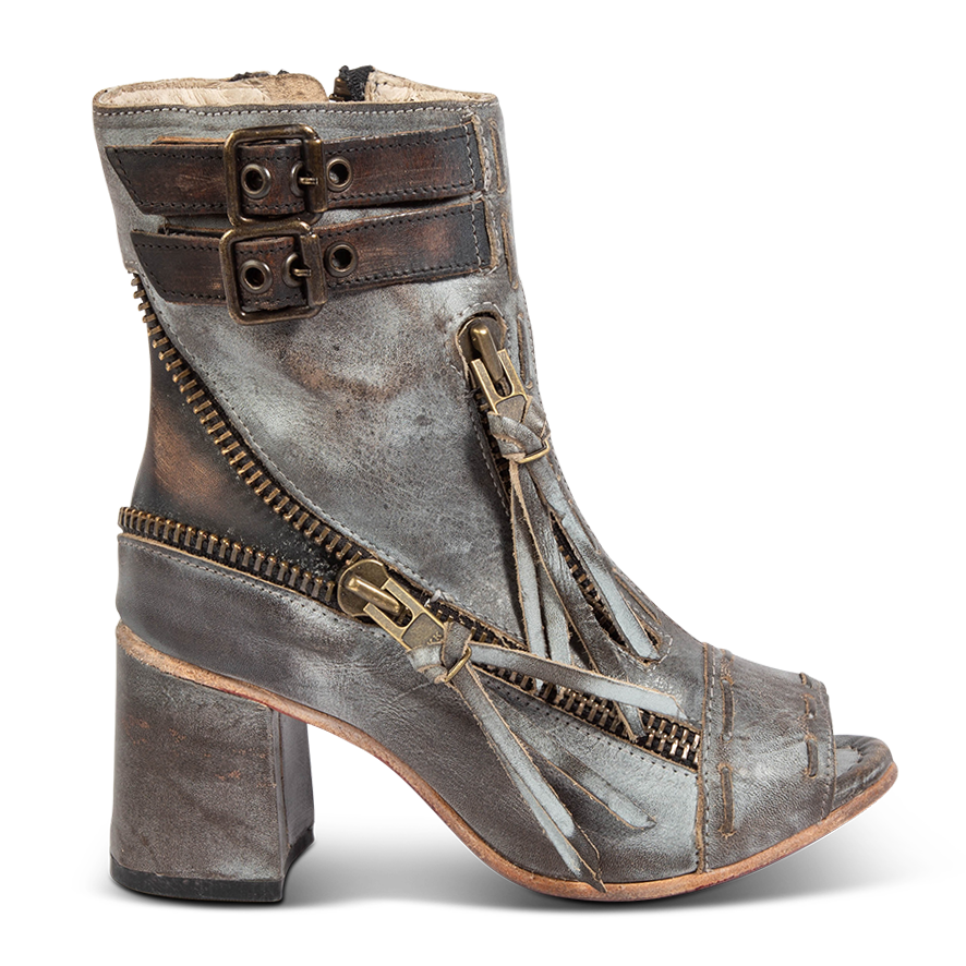 FREEBIRD women's Zombi ice sandal with zip and buckle leather detailing and stacked heel