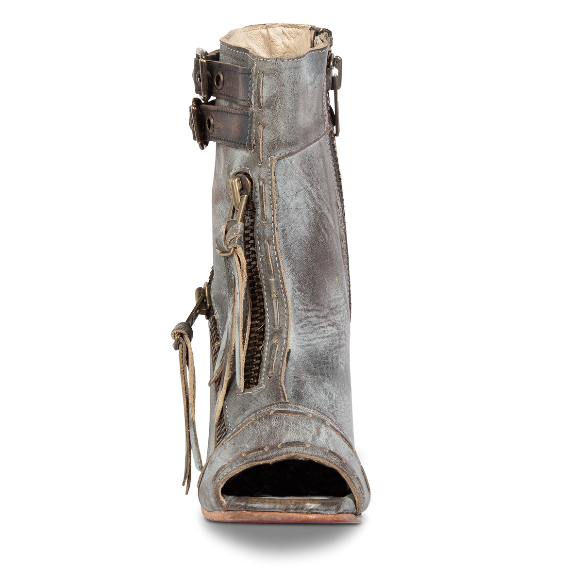 Front view showing zip detailing on FREEBIRD women's Zombi black sandal
