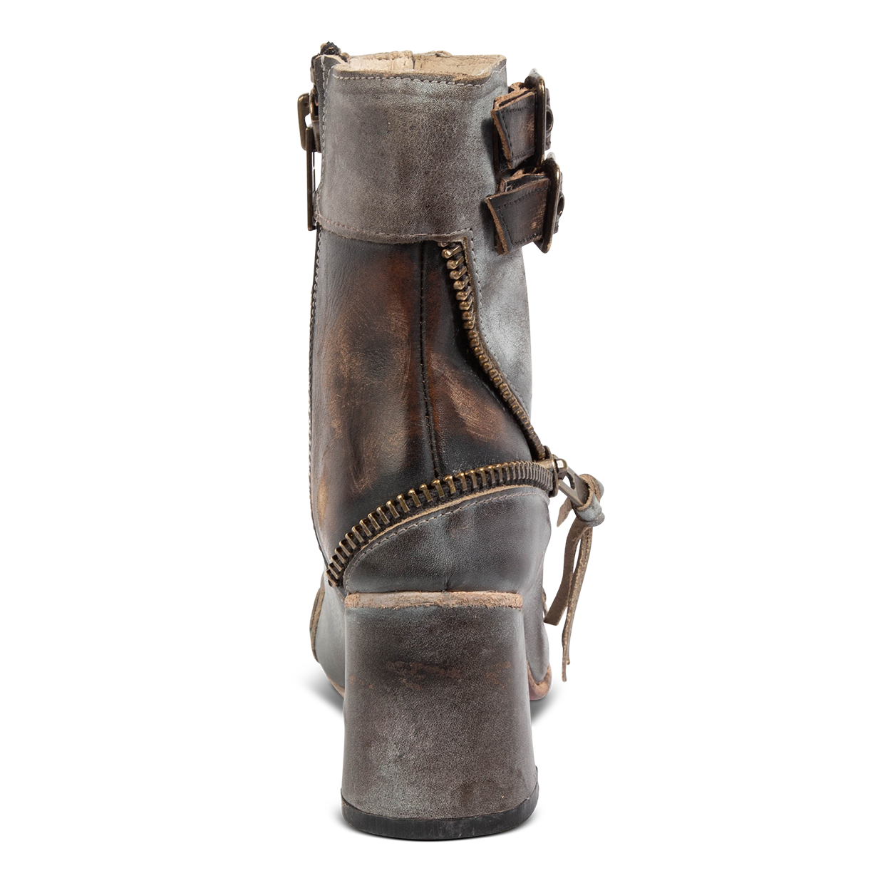 Back view showing brass zip detailing on FREEBIRD women's Zombi ice sandal