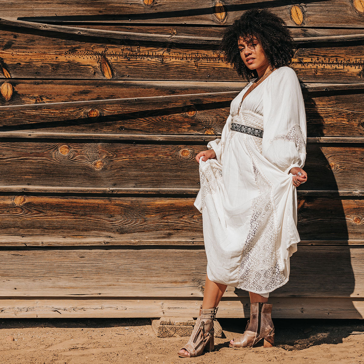 FREEBIRD women's Zombi taupe sandal with zip and buckle leather detailing and stacked heel lifestyle image