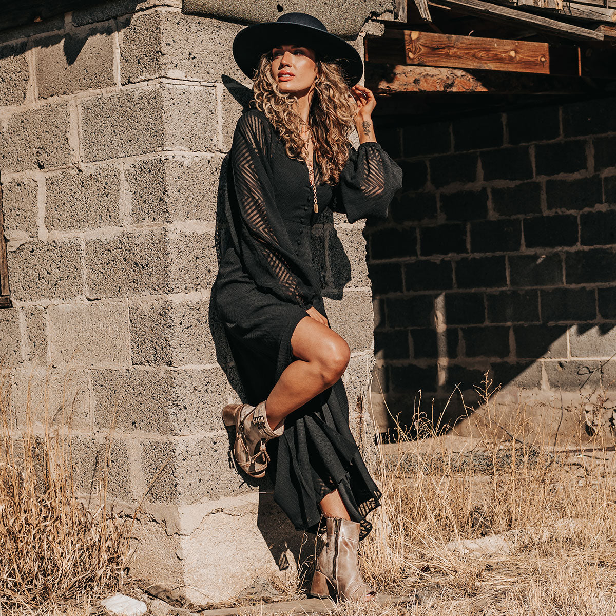 FREEBIRD women's Zombi taupe sandal with zip and buckle leather detailing and stacked heel lifestyle image