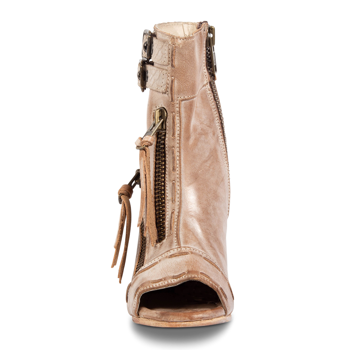 Front view showing zip detailing on FREEBIRD women's Zombi taupe sandal