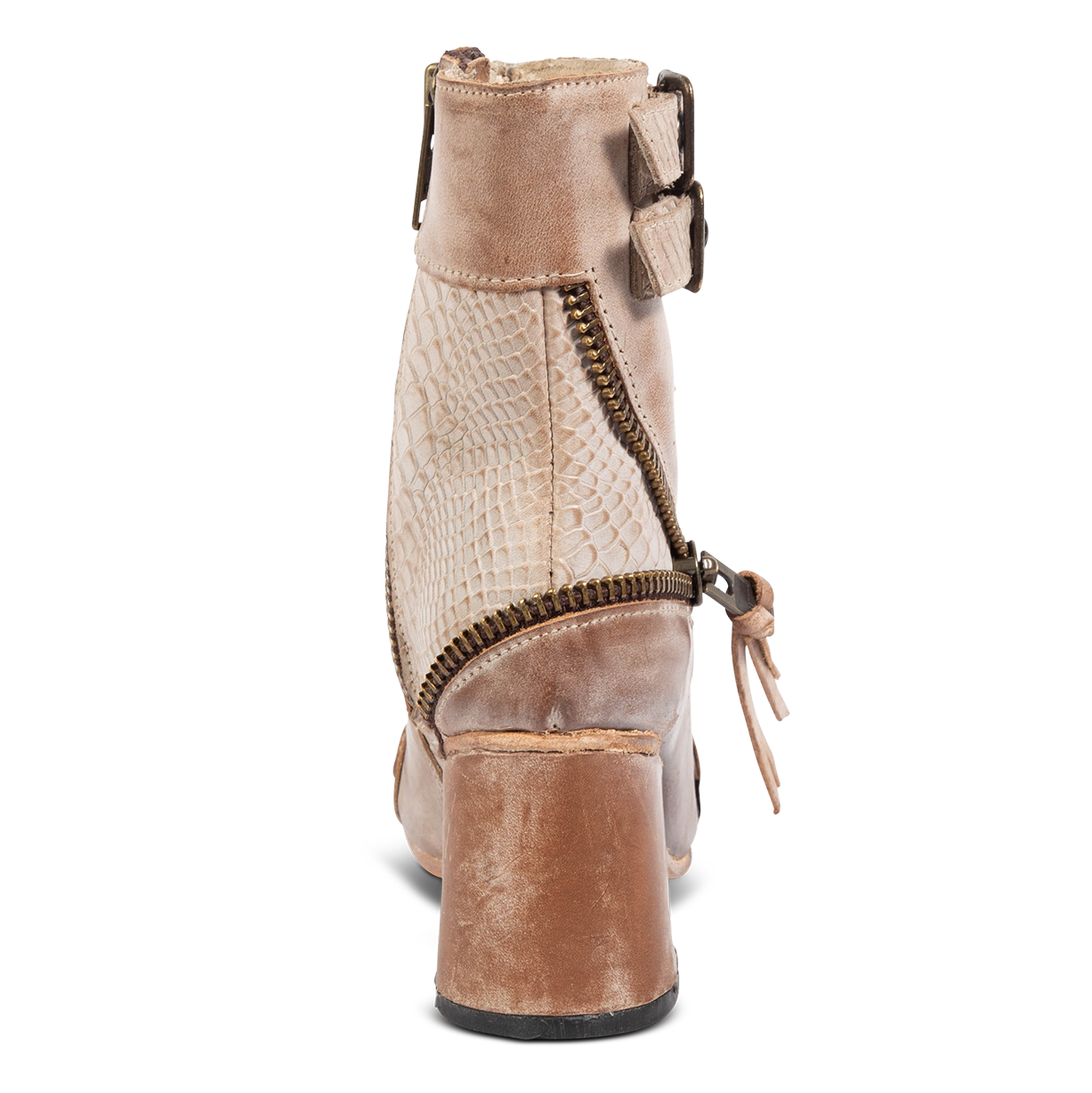 Back view showing brass zip detailing on FREEBIRD women's Zombi taupe sandal