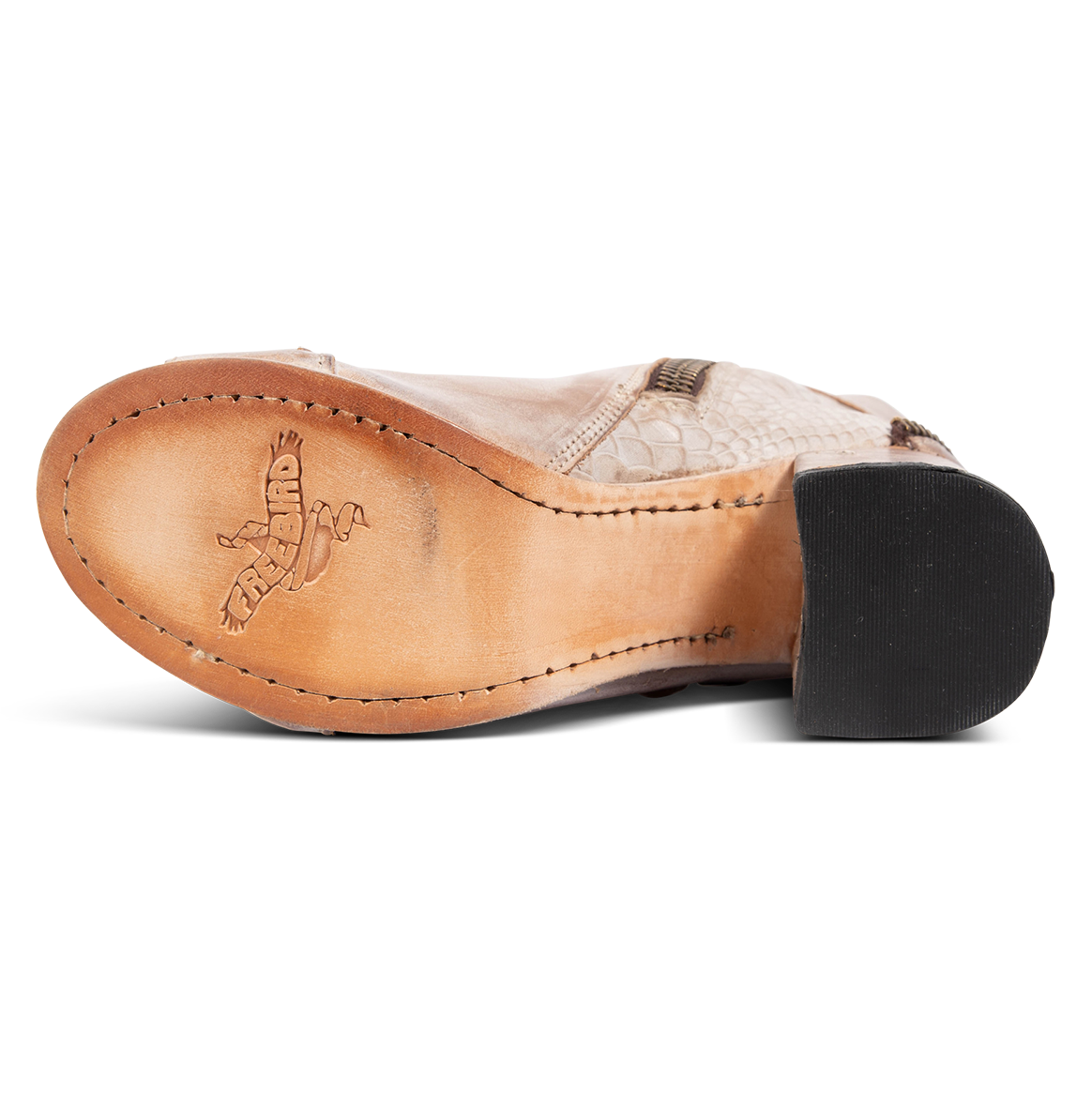 Leather sole imprinted with FREEBIRD on women's Zombi taupe sandal 